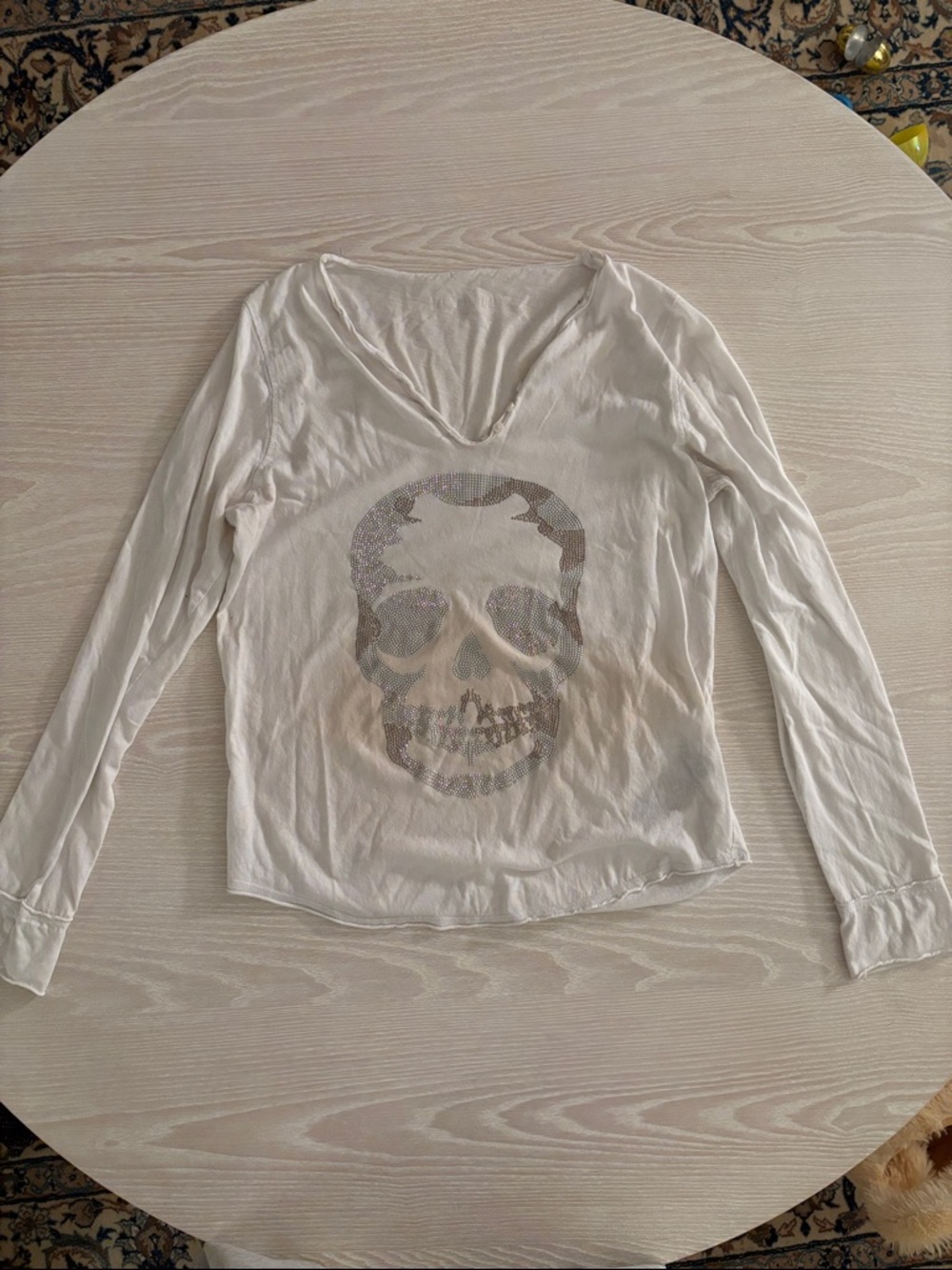 Zadig & Voltaire White Long-Sleeve V-Neck Top with Embellished Skull